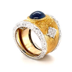 18k Two-Tone Gold 3.56ct Sapphire 0.17ct Diamond Band Ring Size 6 3/4