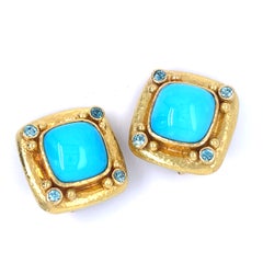 Elizabeth Locke 19k Yellow Gold Turquoise and Topaz Ear Clips Retractable Posts