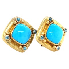 Elizabeth Locke 19k Yellow Gold Turquoise and Topaz Ear Clips Retractable Posts