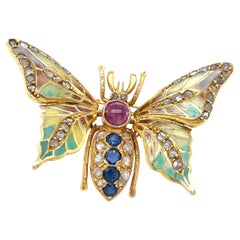 14k Yellow Gold Gemstone Enamel Plique-A-Jour En Tremblant Moth Brooch