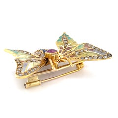 14k Yellow Gold Gemstone Enamel Plique-A-Jour En Tremblant Moth Brooch