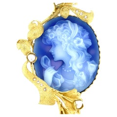 18k Yellow Gold Carved Chalcedony Cameo w/ Diamond and Cultured Pearl Accents