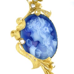 18k Yellow Gold Carved Chalcedony Cameo w/ Diamond and Cultured Pearl Accents