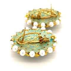18k Yellow Gold Table-Cut Pear Diamonds, Cultured Pearl, Enamel Accent Earrings