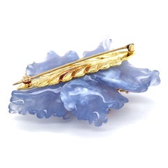 18k Yellow Gold Carved Blue Chalcedony and Gem-Set Brooch 2.5" x 2.25" 35g