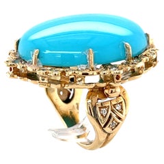 14k Rose Gold Oval Turquoise Cabochon Ring with Diamond Accents Size 6.75