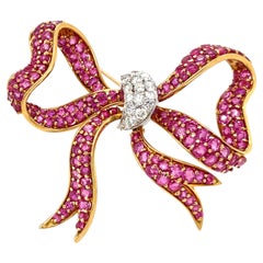 18k Gold, Ruby + 0.75ct Diamond Bow Brooch 2-3/16" x 2" 21.20g