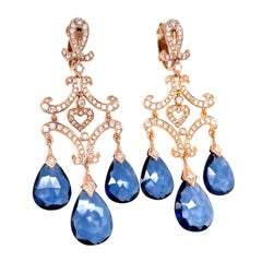 14k Rose Gold 9 ct Sapphire Briolette and 2.90 ct Diamond Chandelier Earrings