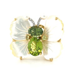 18k Gold Mother of Pearl, Peridot and Diamond Butterfly Clip Earrings