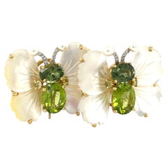 18k Gold Mother of Pearl, Peridot and Diamond Butterfly Clip Earrings