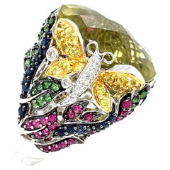 Anello Farfalla Cocktail in oro bianco 18k con Citrino ovale e pietre preziose Misura 7,75