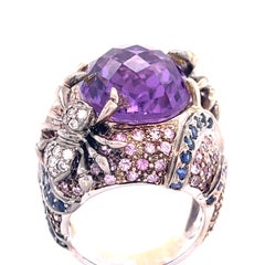 18k White Gold 20 ct Amethyst Cocktail Ring with Sapphire and Diamond Accents