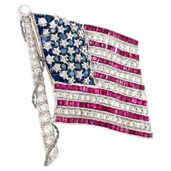 Diafini 18k White Gold, Diamond and Sapphire American Flag Brooch 1.40 carats