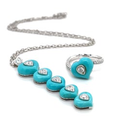 18k White Gold Turquoise Heart 1.5 ct Diamond Jewelry Set Ring Sz 7 and Pendant