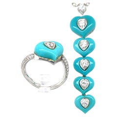 18k White Gold Turquoise Heart 1.5 ct Diamond Jewelry Set Ring Sz 7 and Pendant