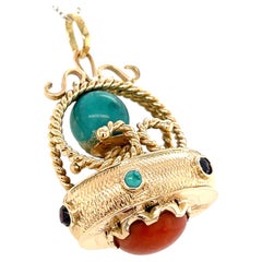 18k Yellow Gold Victorian-Style Swivel Fob Pendant / Charm with Multi Gemstones
