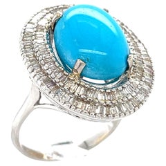 18k White Gold Turquoise Solitaire Ring w/ 2 cts Ballerina Dimaonds Size 9.25