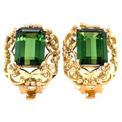 Green Tourmaline Earring Clips Mounted in 14k Yellow Gold 7/8" x 3/4" 15.2g
