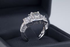 1.70 Carat Princess Cut Diamond 3 Stone 18k White Gold Engagement Ring Size 6.75