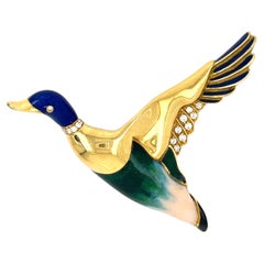 18k Yellow Gold Diamond and Enamel Mallard Duck Brooch Gorgeous!