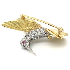 18k Two Gone Gold Gorgeous Sculpted Hummingbird Brooch 1ct Diamond and Ruby Acc