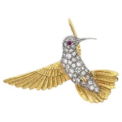 18k Two Gone Gold Gorgeous Sculpted Hummingbird Brooch 1ct Diamond and Ruby Acc
