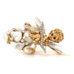 Broche de ángel querubín de oro de 14k y zafiro diamante de Pearl River de Ruser Mississippi