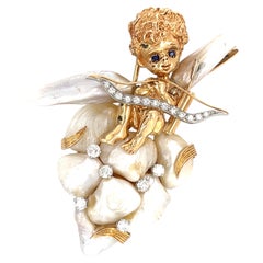 Broche de ángel querubín de oro de 14k y zafiro diamante de Pearl River de Ruser Mississippi