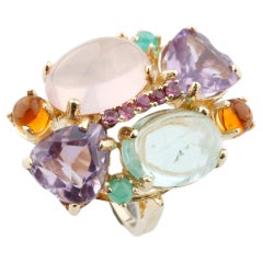14k Yellow Gold Multi-Gemstone Plaque Cocktail Ring Size 7.75 Unique!