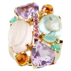 14k Yellow Gold Multi-Gemstone Plaque Cocktail Ring Size 7.75 Unique!