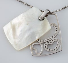14k White Gold Mother-of-Pearl and Diamond Heart Pendant w/ 17" Chain