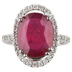 Ruby Solitaire 14k White Gold Cocktail Ring w/ Diamond Accents Size 7 TCW = 9.41