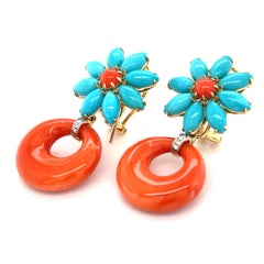 18k Yellow Gold, Turquoise, Coral and Diamond Flower Hoop Earrings 1-1/2" 16g