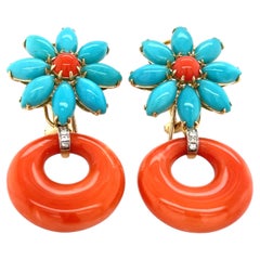 18k Yellow Gold, Turquoise, Coral and Diamond Flower Hoop Earrings 1-1/2" 16g