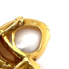 18k Yellow Gold Cultured Pearl Fish Brooch w/ Yellow and White Diamond Accents
