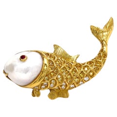 18k Yellow Gold Cultured Pearl Fish Brooch w/ Yellow and White Diamond Accents