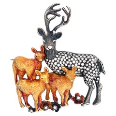 18K Gold & Antiqued 925 Sterling Silver Deer Family Brooch 1.30 CT w/ Diamonds
