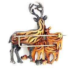 18K Gold & Antiqued 925 Sterling Silver Deer Family Brooch 1.30 CT w/ Diamonds