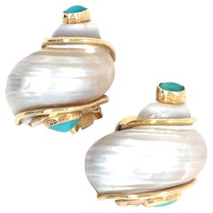 Seaman Schepps 14k Gelbgold Turbo Shell Ohr Clips Türkis Cabochons