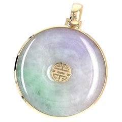 14K Solid Yellow Gold Multicolor Jade Disc Pendant Longevity “Shou” Symbol
