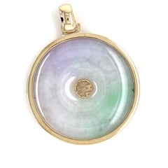 14K Solid Yellow Gold Multicolor Jade Disc Pendant Longevity “Shou” Symbol