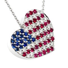 18k White Gold Diamond, Ruby, Sapphire American Flag Heart Pendant 16"