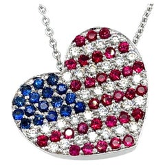 18k White Gold Diamond, Ruby, Sapphire American Flag Heart Pendant 16"