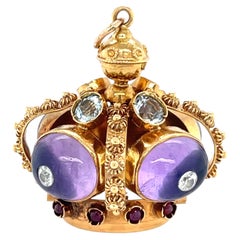 18k Yellow Gold Vintage Gem-Set Crown Pendant Amethyst Cabochon