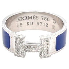 Hermes 18k White Gold Blue Enamel and Diamond H Clic Clac Ring Size 7 5.4g