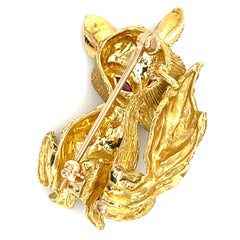 18k Yellow Gold George Lederman Fox Brooch with Red Gemstone Eyes