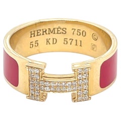 Hermes 18k Yellow Gold Diamond and Red Enamel H Clic Clac Ring Size 7 5.5g