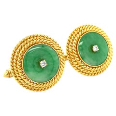 18k Yellow Gold Jadeite Jade Cufflinks with 0.10 ct Diamond Accents