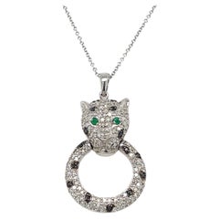 Effy 14k White Gold Panther Circle Pendant w/ 17" Chain 0.82 CTW