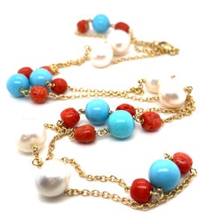 18k Yellow Gold Cultured Pearl, Turquoise Bead, Coral Bead Chain Necklace 38"